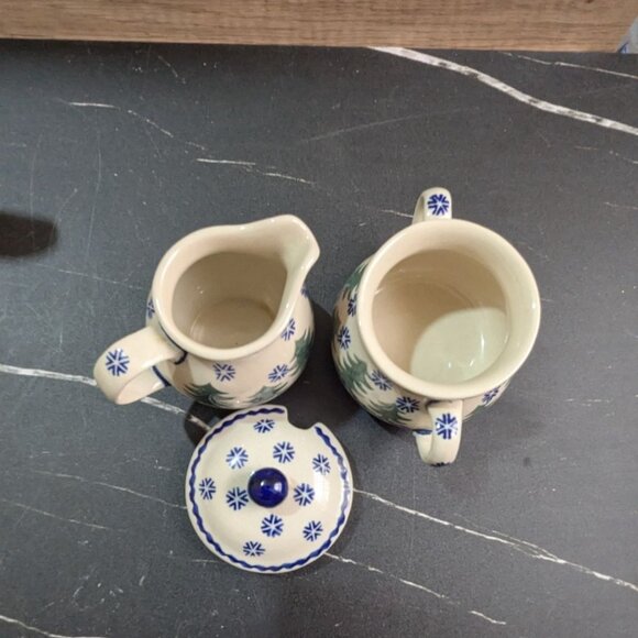 Boleslavies Handmade Polish Creamer & Sugar Bowl Set Winter Snowflake Pine Tree - Picture 7 of 9